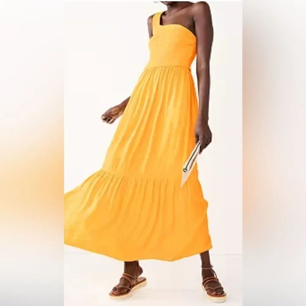 Nine West  One-Shoulder Smocked Maxi Dress, color called Liquid Gold, size L.